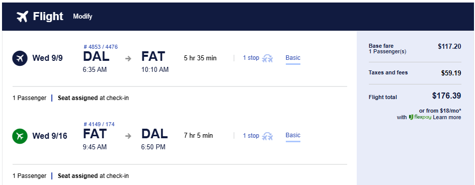 Cheap flights from Dallas, USA to Fresno, USA for only $176 roundtrip. Also works in reverse. Flight deal ticket image.