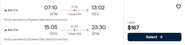Click here to book this cheap flight deal. Summer flights from Dallas, Texas to Spokane, Washington for only $167 roundtrip with Delta Air Lines. Also works in reverse. Flight deal ticket image.