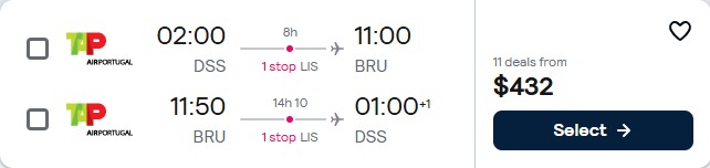 Click here to book this cheap flight deal. Cheap flights from Dakar, Senegal to Brussels, Belgium for only $430 USD roundtrip with TAP Air Portugal. Flight deal ticket image.