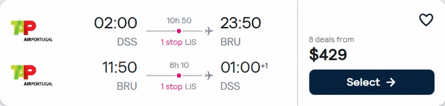 Cheap flights from Dakar, Senegal to Brussels, Belgium for only $428 USD roundtrip with TAP Air Portugal. Flight deal ticket image.