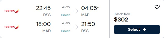 Click here to book this cheap flight deal. Non-stop, New Year flights from Dakar, Senegal to Madrid, Spain for only $302 USD roundtrip with Iberia. Flight deal ticket image.