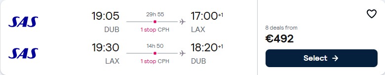Click here to book this cheap flight deal. Cheap flights from Dublin, Ireland to Los Angeles or San Francisco, USA from only €498 roundtrip with Scandinavian Airlines. Flight deal ticket image.
