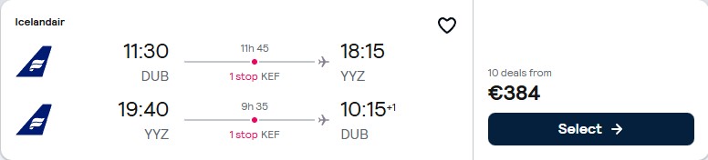 Click here to book this cheap flight deal. Cheap flights from Dublin, Ireland to Toronto, Canada for only €384 roundtrip. Flight deal ticket image.