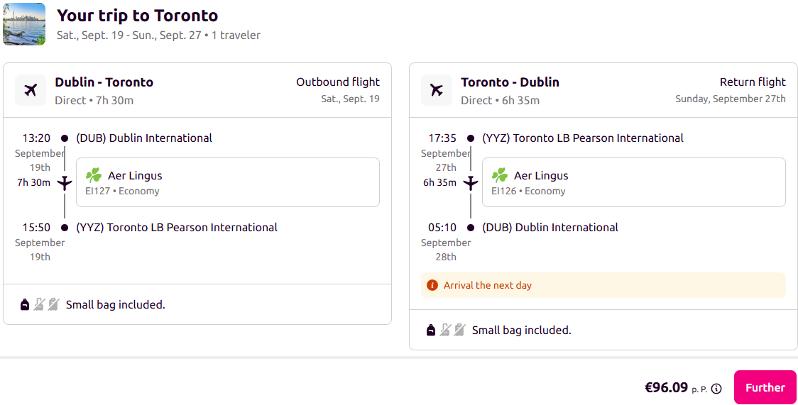 Error Fare, non-stop flights from Dublin, Ireland to Canada or the USA from only €96 roundtrip with Aer Lingus. Flight deal ticket image.
