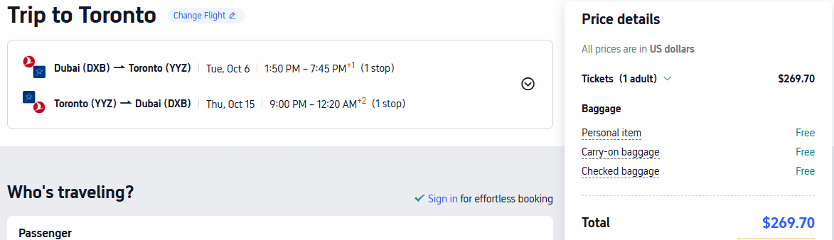 Error Fare flights from Dubai, UAE to Toronto, Canada for only $269 USD roundtrip. Flight deal ticket image.
