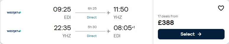 Click here to book this cheap flight deal. Non-stop flights from Edinburgh, Scotland to Halifax, Canada for only £388 roundtrip. Flight deal ticket image.