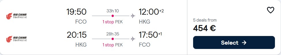Click here to book this cheap flight deal. Cheap flights from Rome, Italy to East Asia from only €454 roundtrip. Flight deal ticket image.