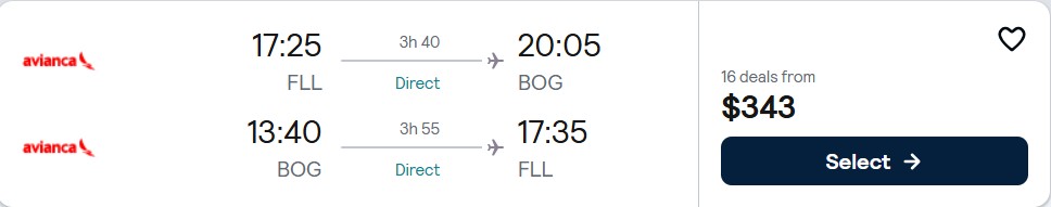 Click here to book this cheap flight deal. Non-stop flights from Fort Lauderdale to Bogota, Colombia for only $343 roundtrip with Avianca. Flight deal ticket image.