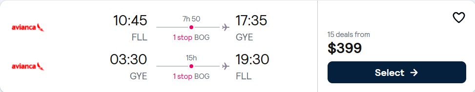 Cheap flights from Fort Lauderdale to Guayaquil, Ecuador for only $399 roundtrip with Avianca. Flight deal ticket image.
