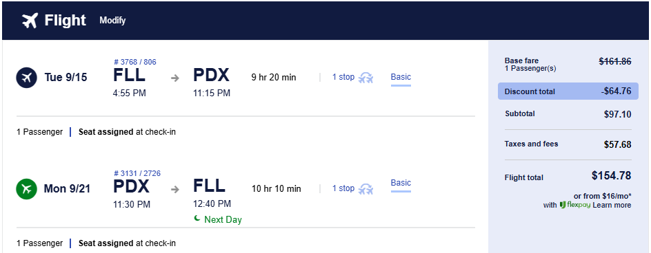 Click here to book this cheap flight deal. Cheap flights from Fort Lauderdale, USA to Portland, USA for only $154 roundtrip. Also works in reverse. Flight deal ticket image.