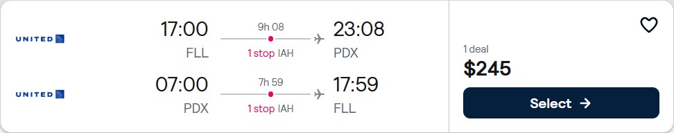 Click here to book this cheap flight deal. Cheap flights from Fort Lauderdale to Portland, Oregon for only $245 roundtrip with United Airlines. Also works in reverse. Flight deal ticket image.