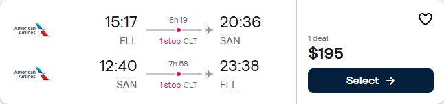 Click here to book this cheap flight deal. Cheap flights from Fort Lauderdale to San Diego for only $195 roundtrip with American Airlines. Also works in reverse. Flight deal ticket image.