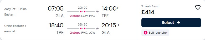 Click here to book this cheap flight deal. Cheap flights from Glasgow, Scotland to Taipei, Taiwan for only £414 roundtrip. Flight deal ticket image.