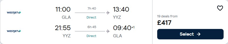 Non-stop flights from Glasgow, Scotland to Toronto, Canada for only £419 roundtrip. Flight deal ticket image.