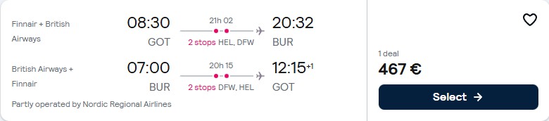 Click here to book this cheap flight deal. Cheap flights from Gothenburg, Sweden to Burbank, California for only €467 roundtrip with Finnair and British Airways. Flight deal ticket image.