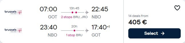 Click here to book this cheap flight deal. Cheap flights from Gothenburg, Sweden to Nairobi, Kenya for only €405 roundtrip with Brussels Airlines. Flight deal ticket image.