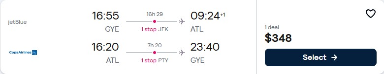 Click here to book this cheap flight deal. Cheap flights from Guayaquil, Ecuador to Atlanta, USA for only $341 USD roundtrip with JetBlue and Copa Airlines. Flight deal ticket image.