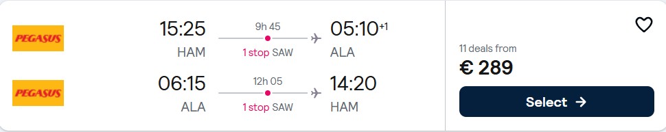 Cheap flights from Hamburg, Germany to Almaty, Kazakhstan for only €289 roundtrip. Flight deal ticket image.