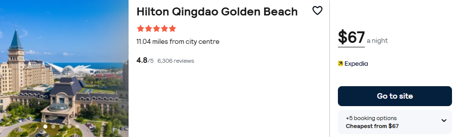 Click here to book this cheap flight deal. Stay at the 5* Hilton Qingdao Golden Beach in Qingdao, China for only $67 USD per night. Flight deal ticket image.