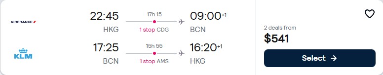 Click here to book this cheap flight deal. Cheap flights from Hong Kong to Barcelona, Spain for only $541 USD roundtrip with Air France and KLM. Flight deal ticket image.