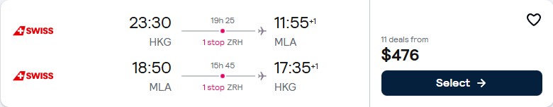 Cheap flights from Hong Kong to Malta for only $476 USD roundtrip with Swiss International Air Lines. Flight deal ticket image.