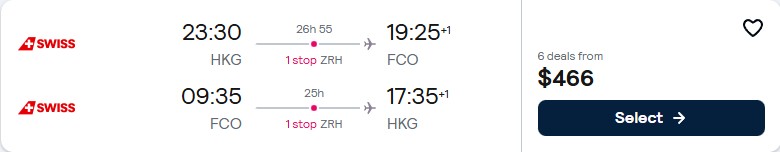 Click here to book this cheap flight deal. Cheap flights from Hong Kong to Rome, Italy for only $466 USD roundtrip with Swiss International Air Lines. Flight deal ticket image.