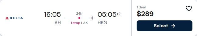 Click here to book this cheap flight deal. Summer flights from Houston, Texas to Hong Kong for only $289 one-way with Delta Air Lines. Flight deal ticket image.