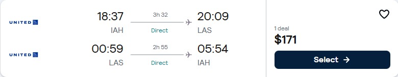 Non-stop, Christmas and New Year flights from Houston, Texas to Las Vegas for only $171 roundtrip with United Airlines. Also works in reverse. Flight deal ticket image.
