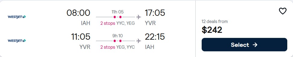 Click here to book this cheap flight deal. Cheap flights from Houston, Texas to Vancouver, Canada for only $242 roundtrip. Flight deal ticket image.