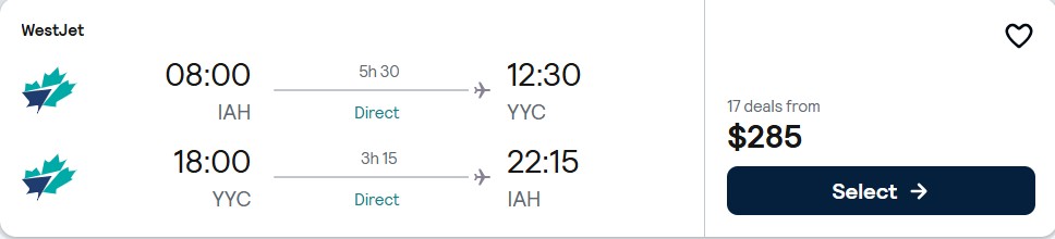 Click here to book this cheap flight deal. Non-stop flights from Houston, Texas to Calgary, Canada for only $285 roundtrip. Flight deal ticket image.