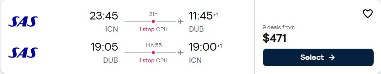 Click here to book this cheap flight deal. Cheap flights from Seoul, South Korea to Dublin, Ireland for only $471 USD roundtrip with Scandinavian Airlines. Flight deal ticket image.