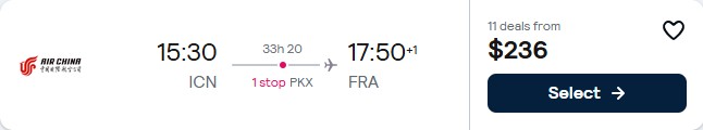 Click here to book this cheap flight deal. Cheap flights from Seoul, South Korea to Frankfurt or Munich, Germany from only $236 USD one-way. Flight deal ticket image.