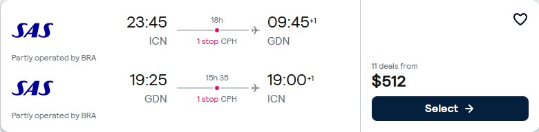 Click here to book this cheap flight deal. Cheap flights from Seoul, South Korea to Gdansk, Poland for only $512 USD roundtrip with Scandinavian Airlines. Flight deal ticket image.