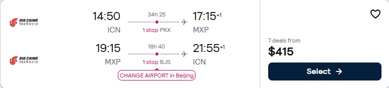 Click here to book this cheap flight deal. Cheap flights from Seoul, South Korea to Milan, Italy for only $415 USD roundtrip. Flight deal ticket image.