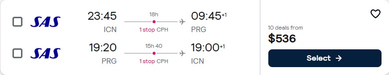 Click here to book this cheap flight deal. Cheap flights from Seoul, South Korea to Prague, Czech Republic for only $536 USD roundtrip with Scandinavian Airlines. Flight deal ticket image.