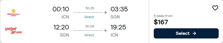 Click here to book this cheap flight deal. Non-stop flights from Seoul, South Korea to Ho Chi Minh City, Vietnam for only $167 USD roundtrip. Flight deal ticket image.