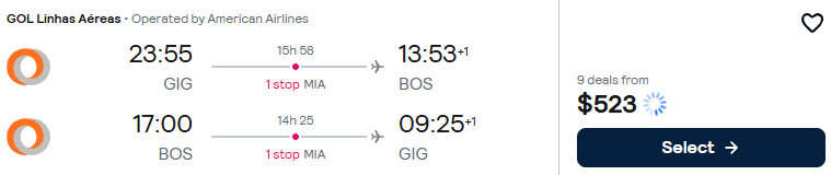 Click here to book this cheap flight deal. Cheap flights from Rio de Janeiro, Brazil to Boston, USA for only $523 USD roundtrip with American Airlines. Flight deal ticket image.