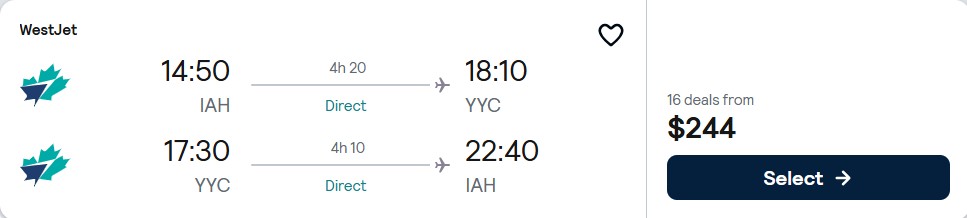 Click here to book this cheap flight deal. Non-stop flights from Houston, Texas to Calgary, Canada for only $244 roundtrip. Flight deal ticket image.
