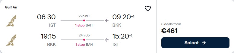 Click here to book this cheap flight deal. Cheap flights from Istanbul, Turkey to Bangkok, Thailand for only €461 roundtrip. Flight deal ticket image.