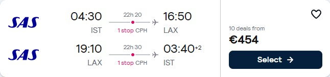 Click here to book this cheap flight deal. Christmas flights from Istanbul, Turkey to Los Angeles, USA for only €454 roundtrip with Scandinavian Airlines. Flight deal ticket image.