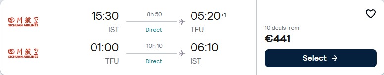 Non-stop flights from Istanbul, Turkey to Chengdu, China for only €441 roundtrip. Flight deal ticket image.