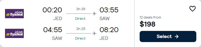 Non-stop, summer flights from Jeddah, Saudi Arabia to Istanbul, Turkey for only $198 USD roundtrip. Flight deal ticket image.