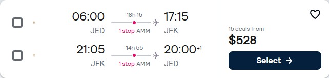 Click here to book this cheap flight deal. Cheap flights from Jeddah, Saudi Arabia to New York, USA for only $528 USD roundtrip. Flight deal ticket image.