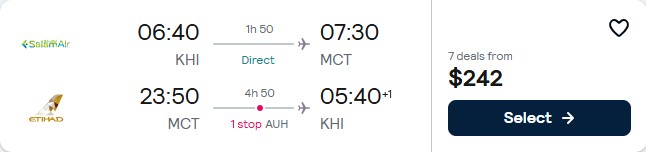Click here to book this cheap flight deal. Cheap flights from Karachi, Pakistan to Muscat, Oman for only $242 USD roundtrip with Etihad Airways. Flight deal ticket image.