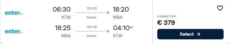 Non-stop, last minute flights from Katowice, Poland to Mombasa, Kenya for only €379 roundtrip. Flight deal ticket image.