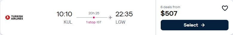 Click here to book this cheap flight deal. Error Fare Business Class flights from South-East Asia to London, UK from only $507 USD one-way with Turkish Airlines. Flight deal ticket image.