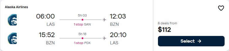 Click here to book this cheap flight deal. Cheap flights from Las Vegas to Bozeman for only $112 roundtrip with Alaska Airlines. Also works in reverse. Flight deal ticket image.