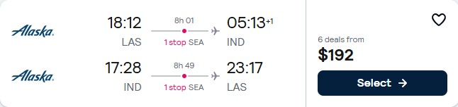 Click here to book this cheap flight deal. Cheap flights from Las Vegas to Indianapolis for only $192 roundtrip with Alaska Airlines. Also works in reverse. Flight deal ticket image.