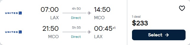 Non-stop flights from Los Angeles to Orlando, Florida for only $233 roundtrip with United Airlines. Also works in reverse. Flight deal ticket image.