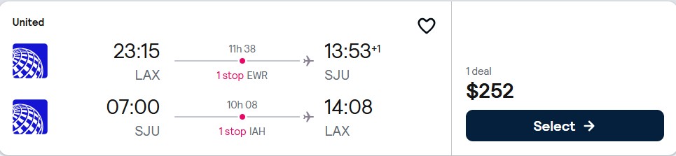 Cheap flights from Los Angeles to San Juan, Puerto Rico for only $252 roundtrip with United Airlines. Flight deal ticket image.